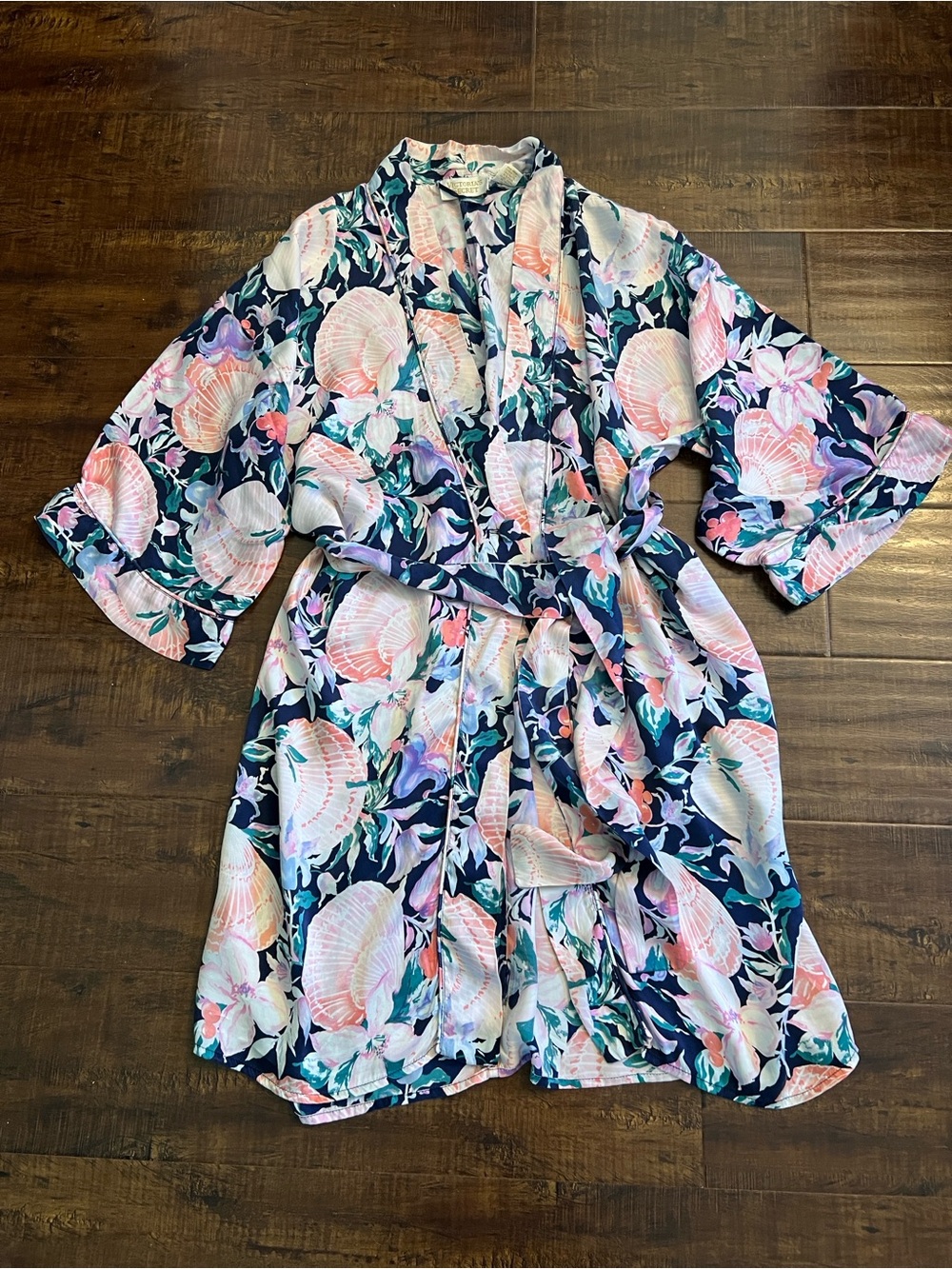 Victoria's Secret Vintage Navy Floral Silk Robe with Pink Shell Print
